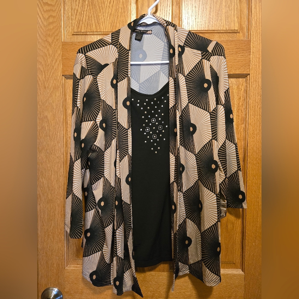 Emily Rose Cardigan Blouse Geometric Patterned Cardigan & Black Tank Top Size L